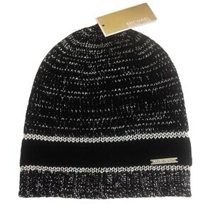 Michael Kors Black and Silver Metallic Knit Hat Beanie NEW